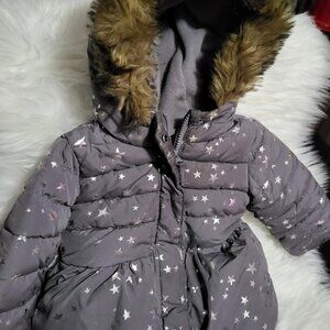 "CHILDREN'S PLACE" LIL GIRL GREY STARRED FUR TRIMMED HOOD PUFFER JACKET
